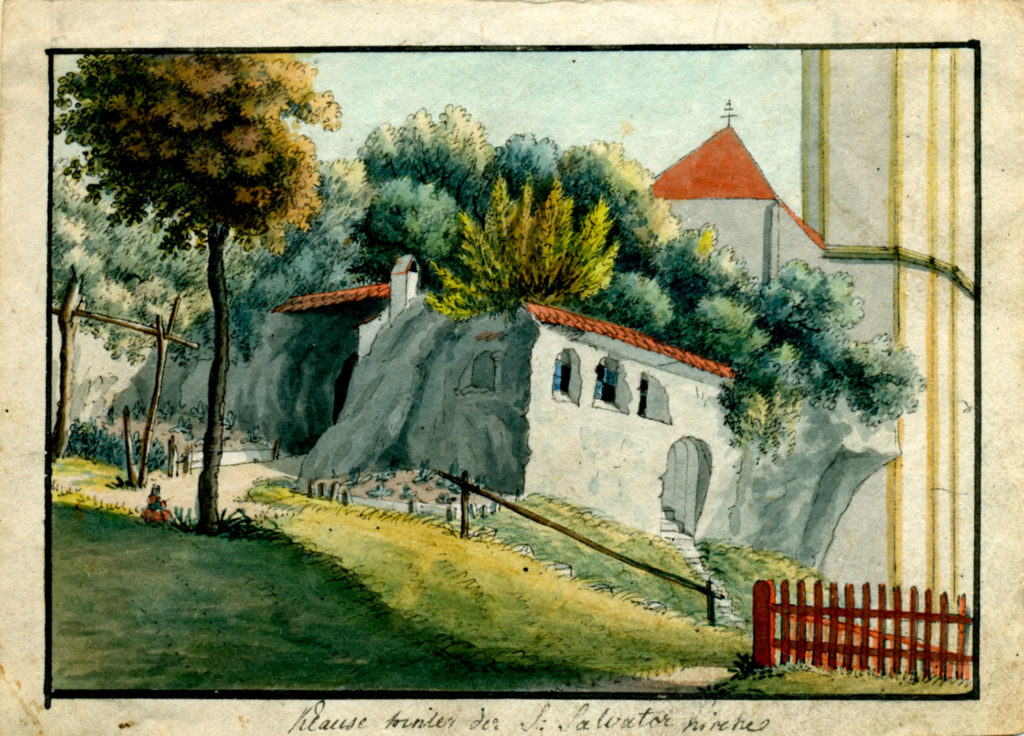 J.S.Baumeister, Klause hinter der St. Salvator Kirche um 1820, Federzeichnung, aquarelliert