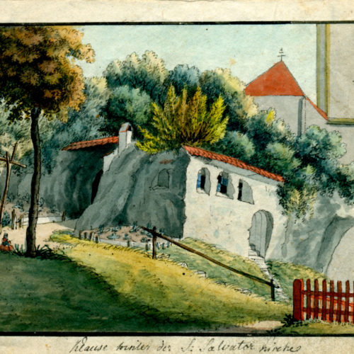 J.S.Baumeister, Klause hinter der St. Salvator Kirche um 1820, Federzeichnung, aquarelliert
